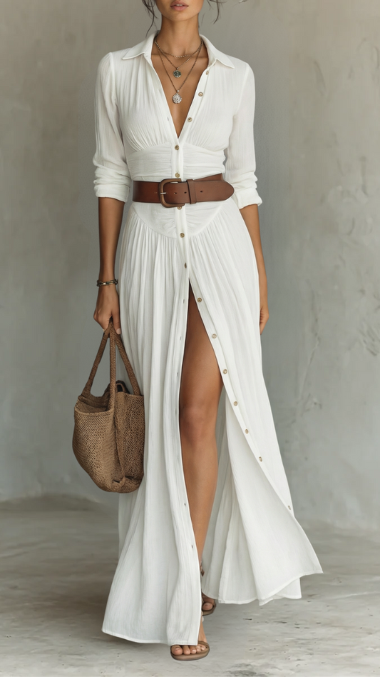 Robe longue maxi en lin avec col à revers, manches longues et plis