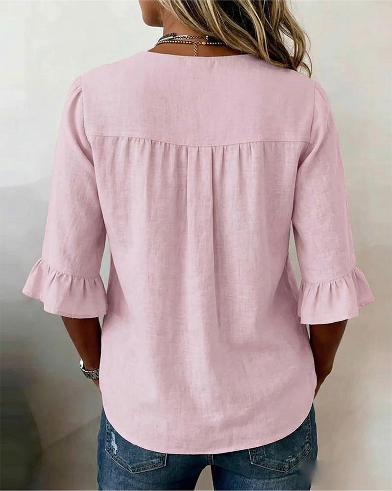 Sophia | Chemisier en Coton et Lin à Boutons Effet Bois et Manches Volantées