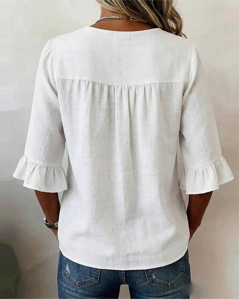 Sophia | Chemisier en Coton et Lin à Boutons Effet Bois et Manches Volantées