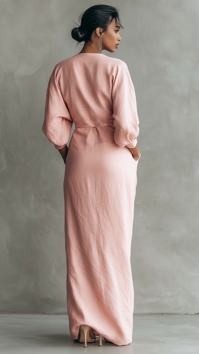 Robe Maxi Minimaliste Rose à Col en V en Mélange Lin