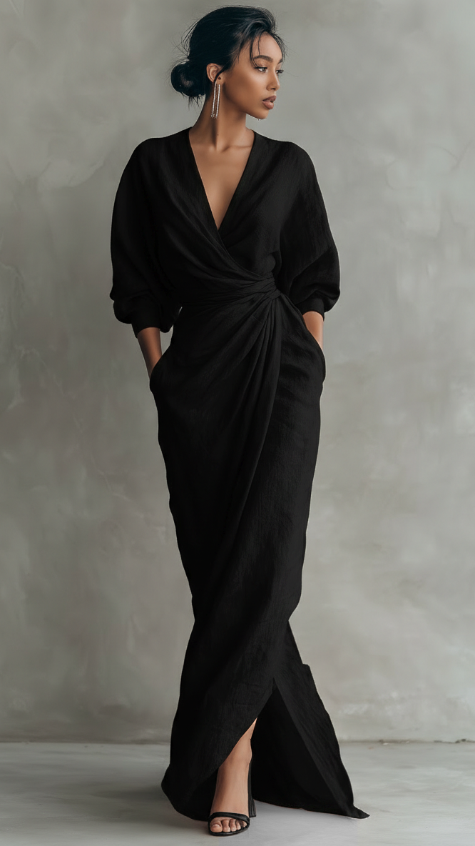 Robe Maxi Minimaliste Rose à Col en V en Mélange Lin