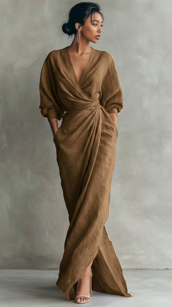 Robe Maxi Minimaliste Rose à Col en V en Mélange Lin