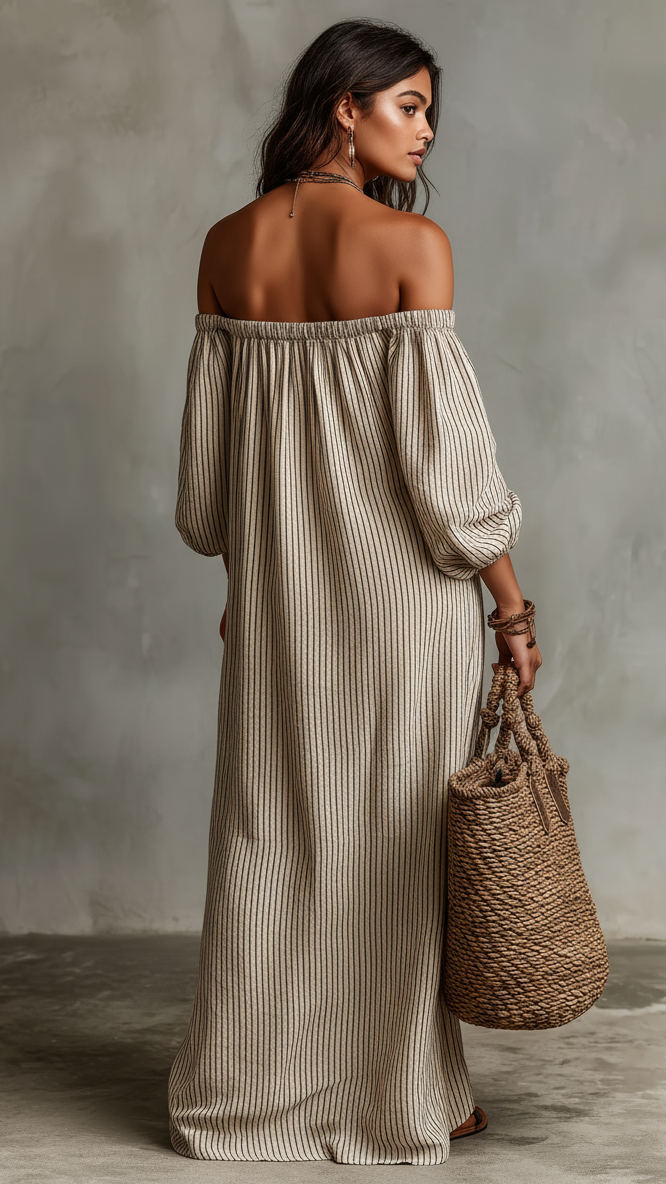 Carmen | Longue Robe en Coton et Lin à Épaules Dénudées