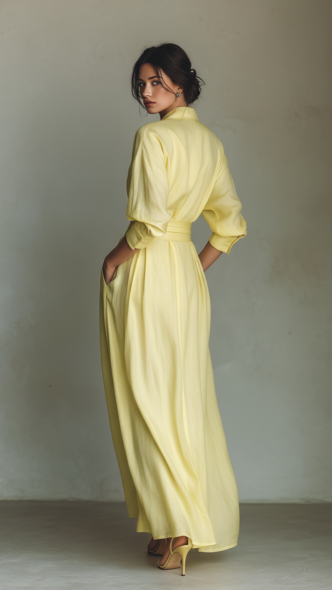 Robe Chemise Maxi Jaune Citron pour Femme en Coton et Lin avec Ceinture à Nouer et Manches Trois-Quarts