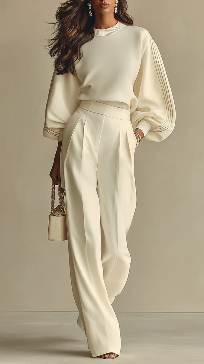 Ensemble en Maille Texturée Ivoire à Col Montant et Pantalon Large Taille Haute