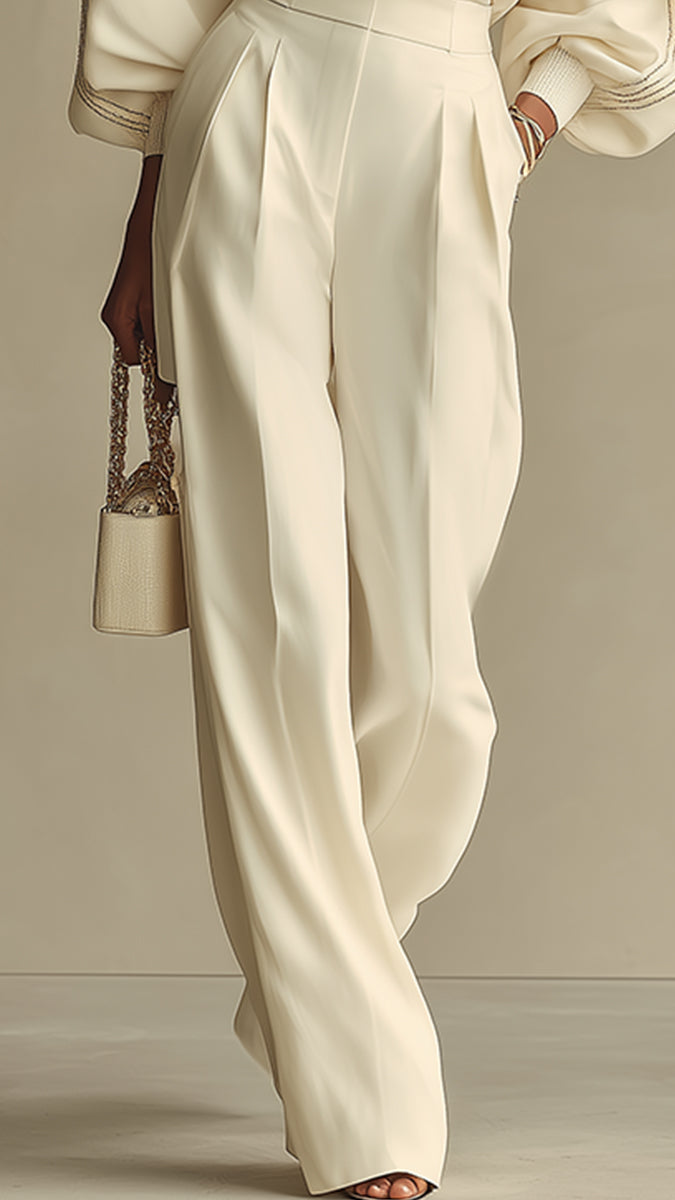 Ensemble en Maille Texturée Ivoire à Col Montant et Pantalon Large Taille Haute
