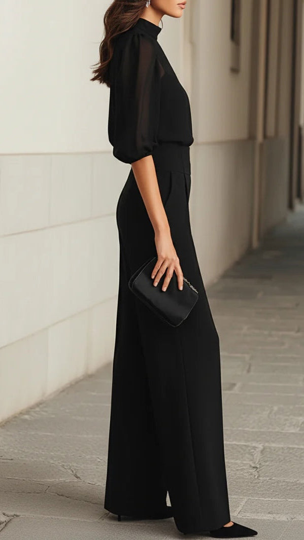 Valentina • Ensemble Trois Pièces Noir avec Top Caraco Transparent et Pantalon Large