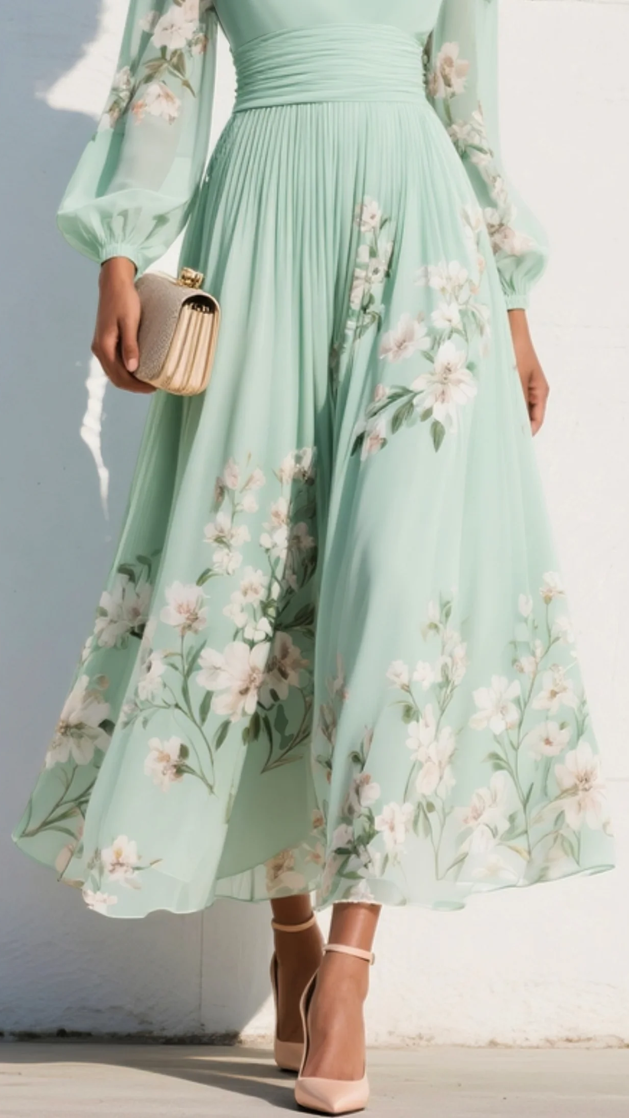 Robe Maxi Plissée en Mousseline Vert Menthe à Imprimé Floral pour Femme