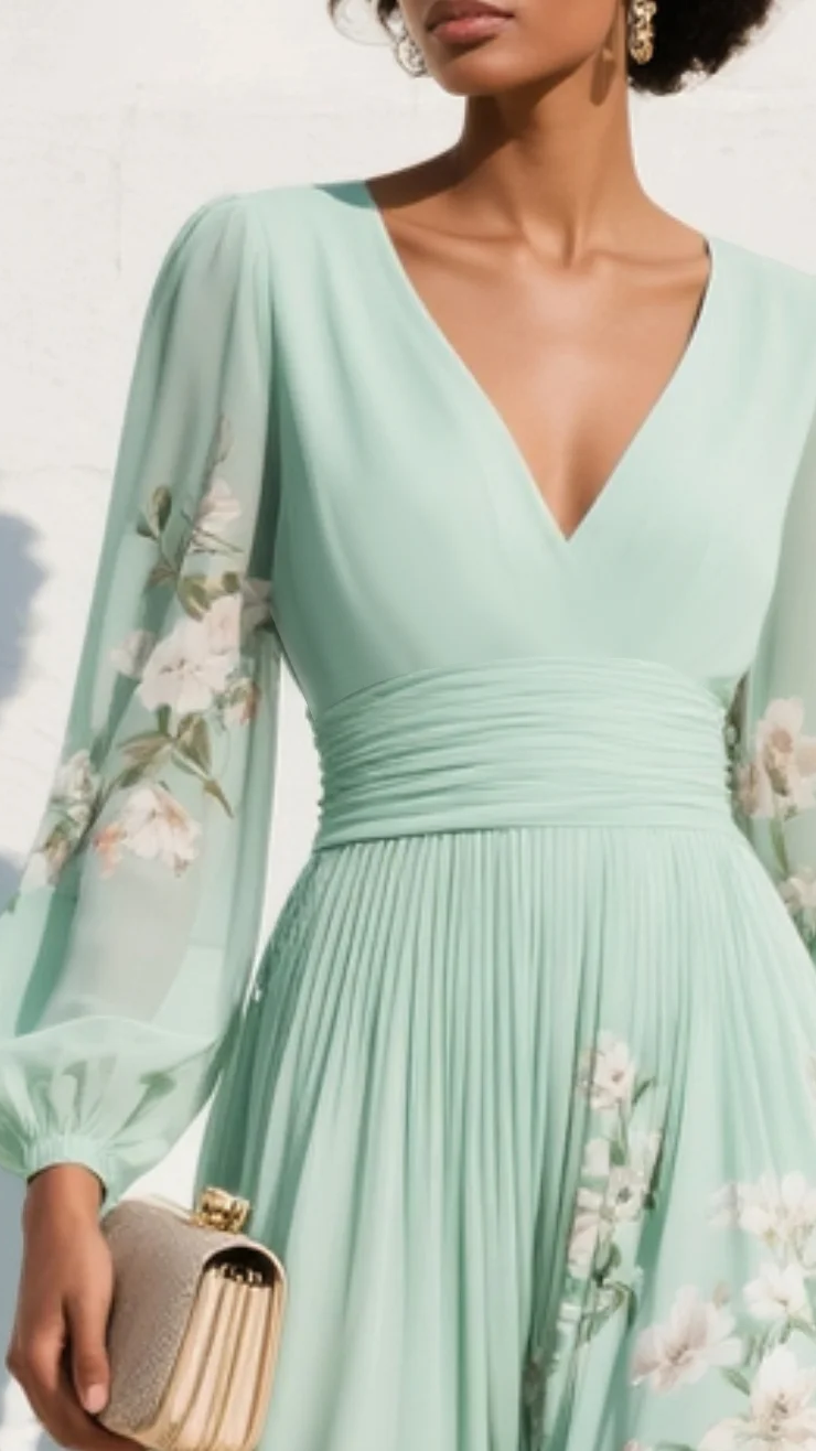 Robe Maxi Plissée en Mousseline Vert Menthe à Imprimé Floral pour Femme