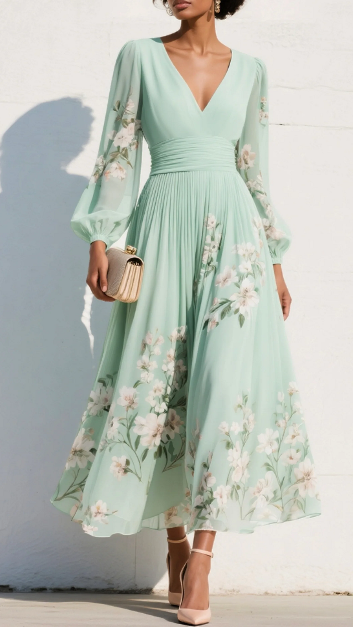 Robe Maxi Plissée en Mousseline Vert Menthe à Imprimé Floral pour Femme