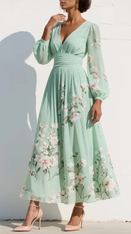 Robe Maxi Plissée en Mousseline Vert Menthe à Imprimé Floral pour Femme