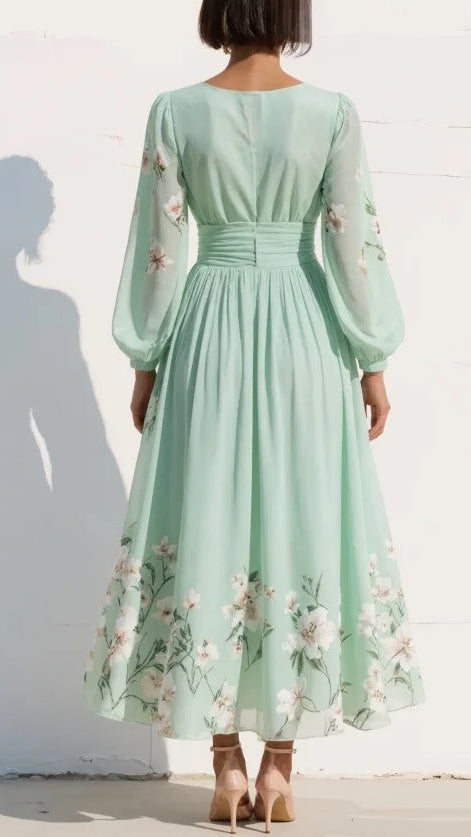 Robe Maxi Plissée en Mousseline Vert Menthe à Imprimé Floral pour Femme