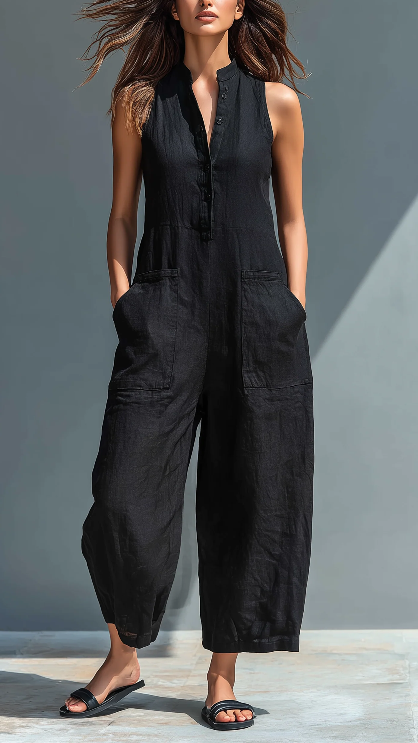 Tuta senza maniche casual in lino sintetico minimalista nera con colletto a bottoni
