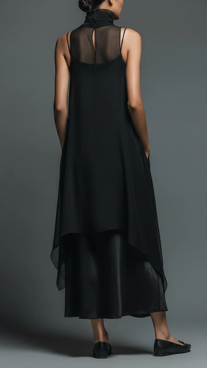 Abito Slip in Fibra di Acetato Finta Minimalista Nera Abbinato a un Cover-up in Chiffon Abito Lungo Set Due Pezzi