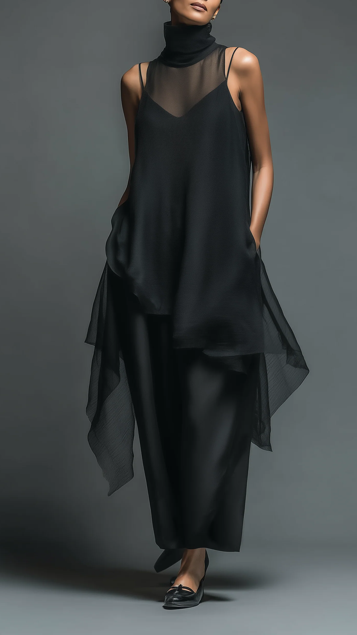 Abito Slip in Fibra di Acetato Finta Minimalista Nera Abbinato a un Cover-up in Chiffon Abito Lungo Set Due Pezzi