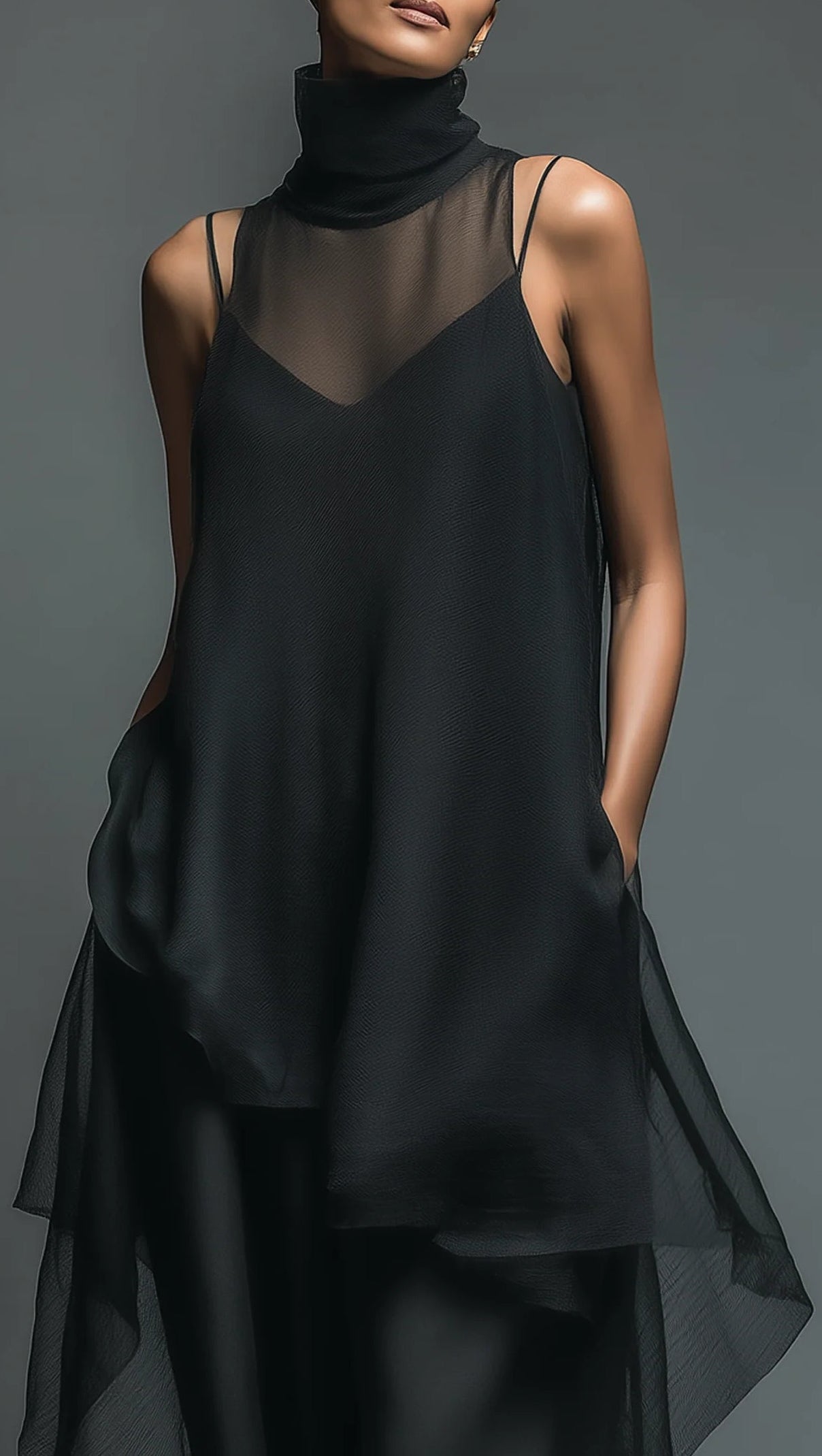 Abito Slip in Fibra di Acetato Finta Minimalista Nera Abbinato a un Cover-up in Chiffon Abito Lungo Set Due Pezzi