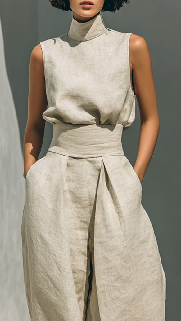 Aurora • Ensemble Top Sans Manches Beige en Mélange Coton-Lin et Pantalon Large