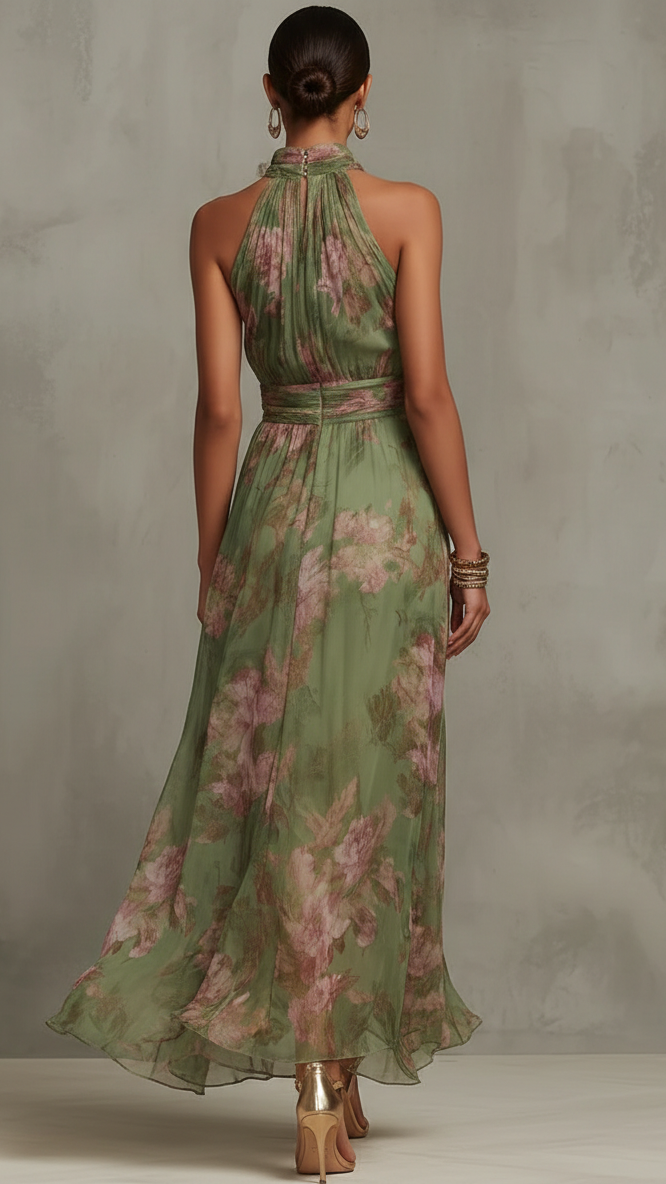 Serena - Longue Robe en Mousseline Fleurie Verte avec Encolure Dos-Nu