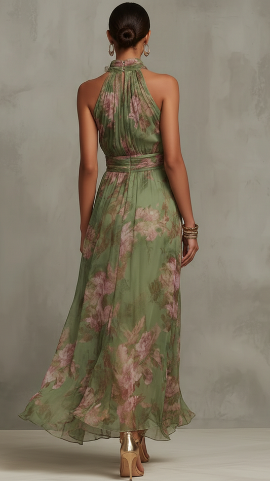 Serena - Longue Robe en Mousseline Fleurie Verte avec Encolure Dos-Nu