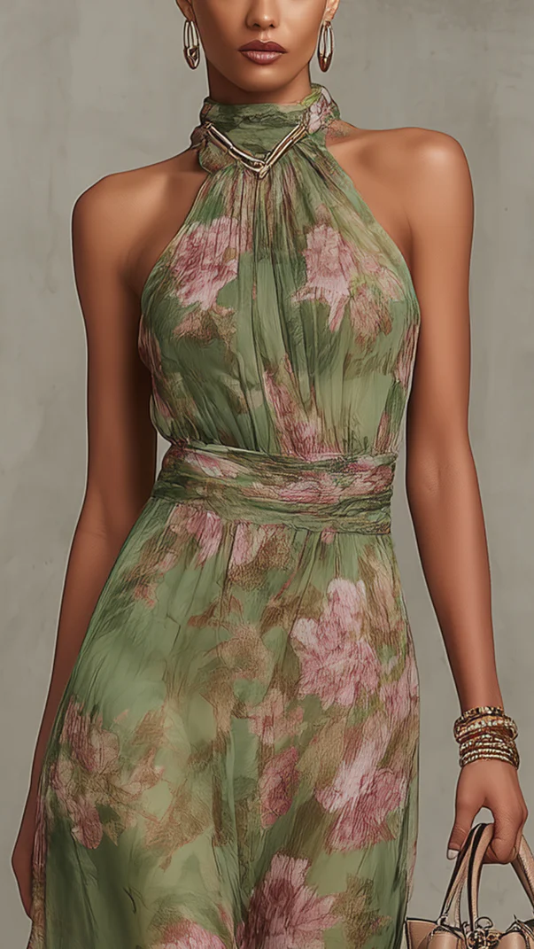Serena - Longue Robe en Mousseline Fleurie Verte avec Encolure Dos-Nu