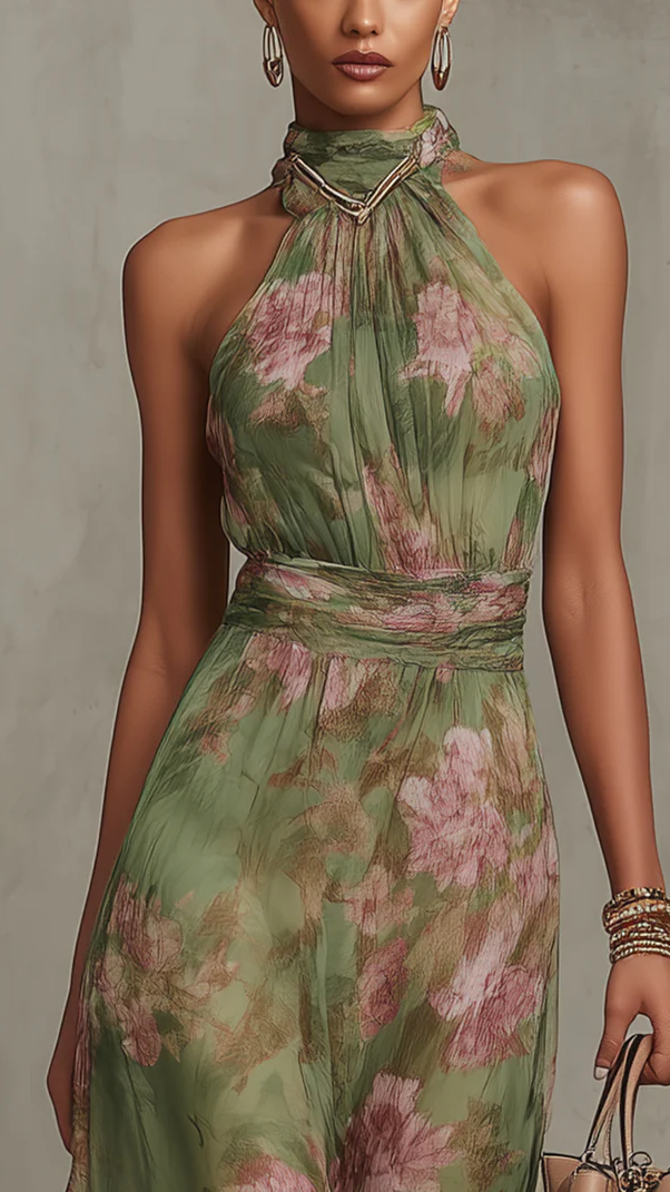 Serena ∙ Robe Longue Verte Fleurie en Mousseline à Encolure Dos-Nu
