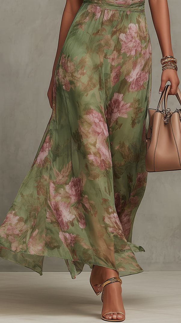 Serena ∙ Robe Longue Verte Fleurie en Mousseline à Encolure Dos-Nu