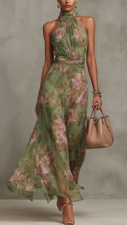 Serena - Vestido Largo de Gasa Floral Verde con Escote Halter