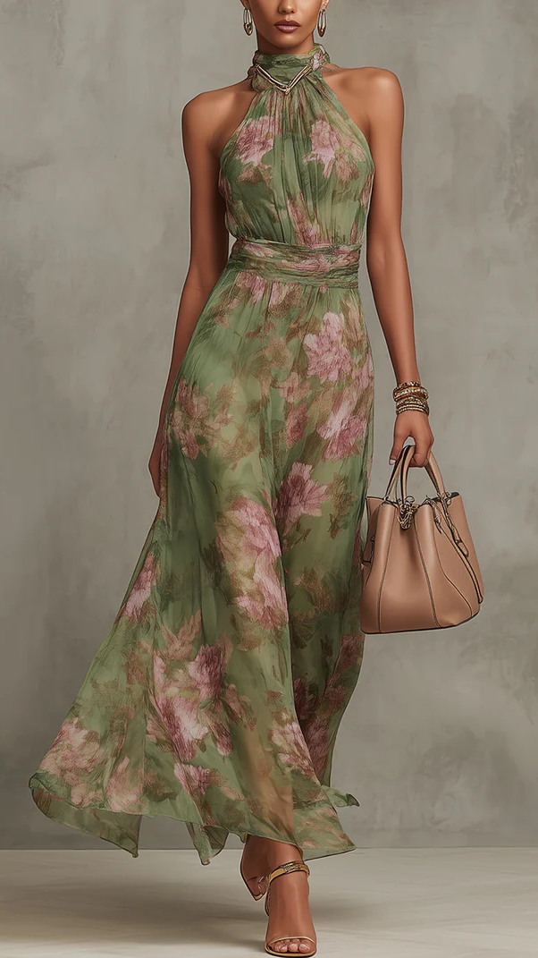 Serena ∙ Robe Longue Verte Fleurie en Mousseline à Encolure Dos-Nu