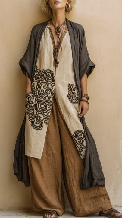 Giulia - Ensemble Trois Pièces Bohème Nomade Gris Foncé et Marron à Motif Tribal