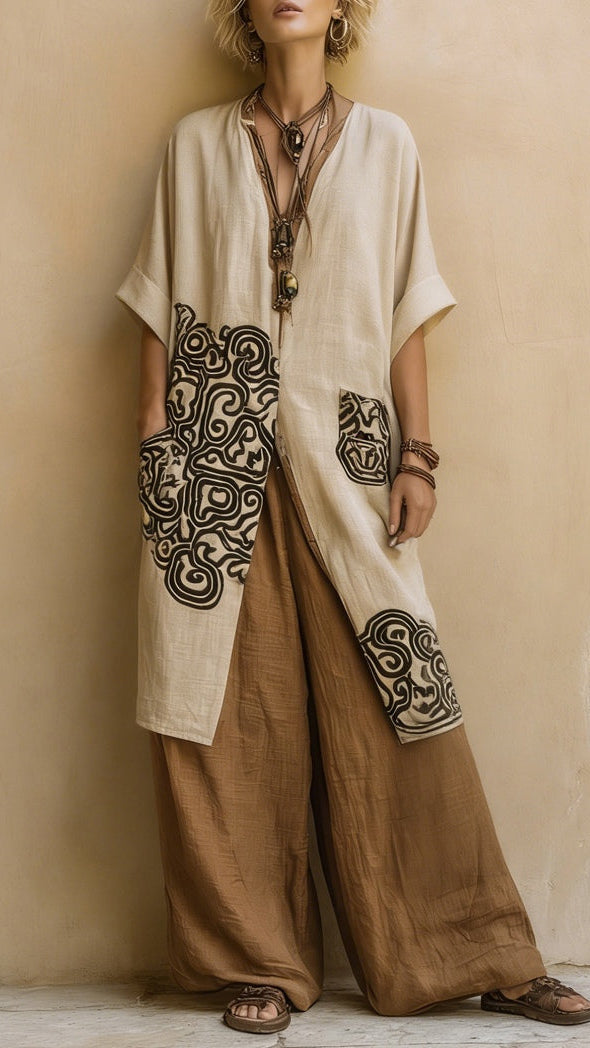 Giulia - Ensemble Trois Pièces Bohème Nomade Gris Foncé et Marron à Motif Tribal