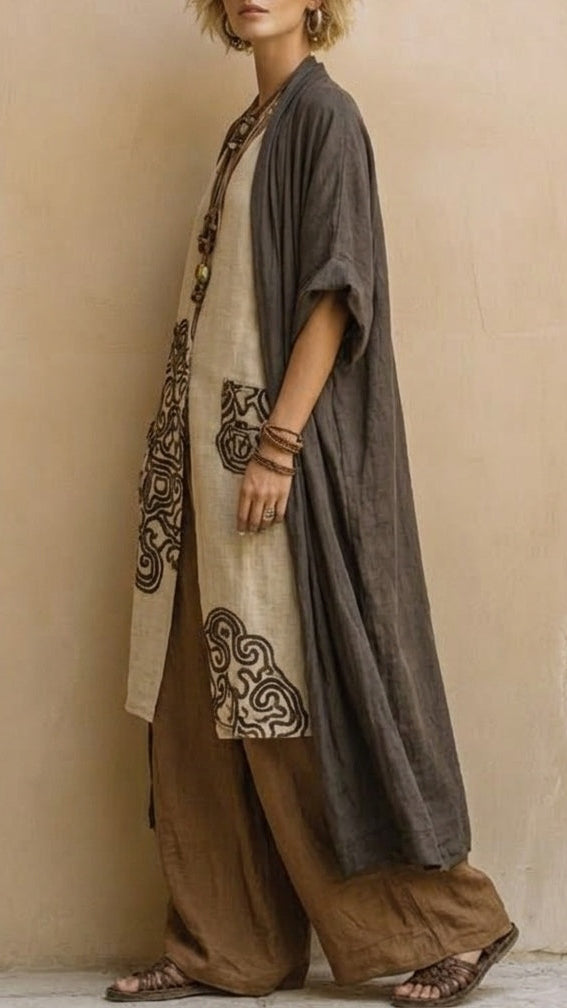 Giulia - Ensemble Trois Pièces Bohème Nomade Gris Foncé et Marron à Motif Tribal