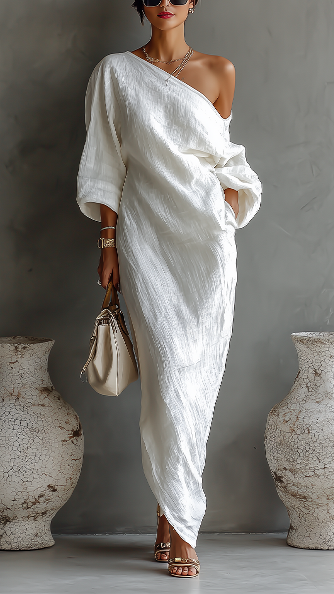 Robe Fluide Élégante en Coton-Lin Blanc Ivoire à Épaule Dénudée