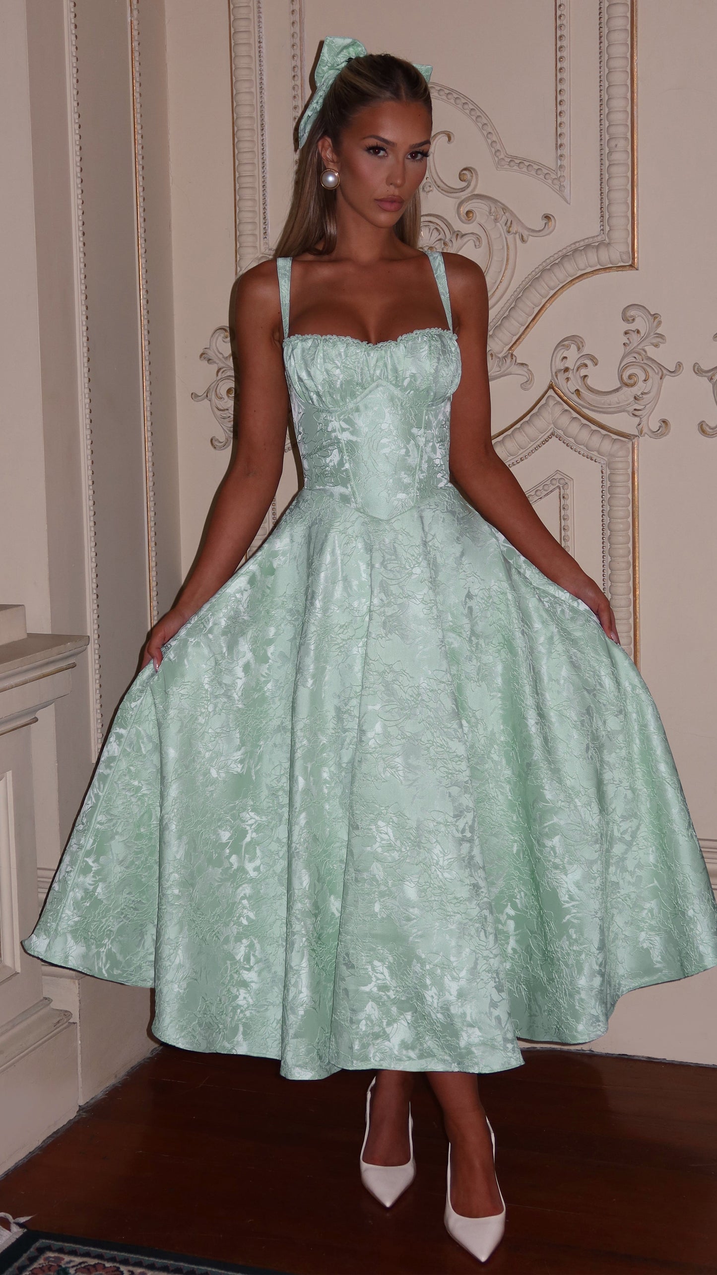 MAISON AVELORE AMITY — Robe Midi Bordée de Dentelle (Menthe)