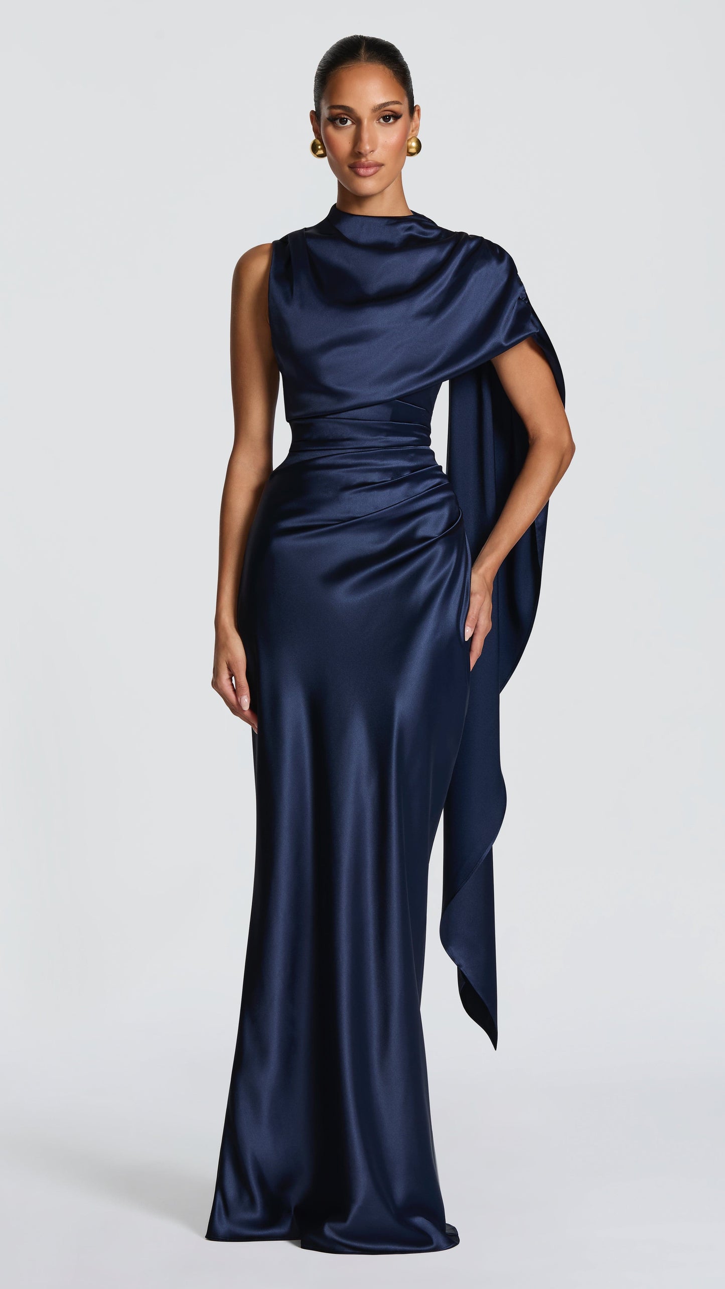 MAISON AVELORE AVENDRA — Robe Longue en Satin Drapé (Bleu Marine)