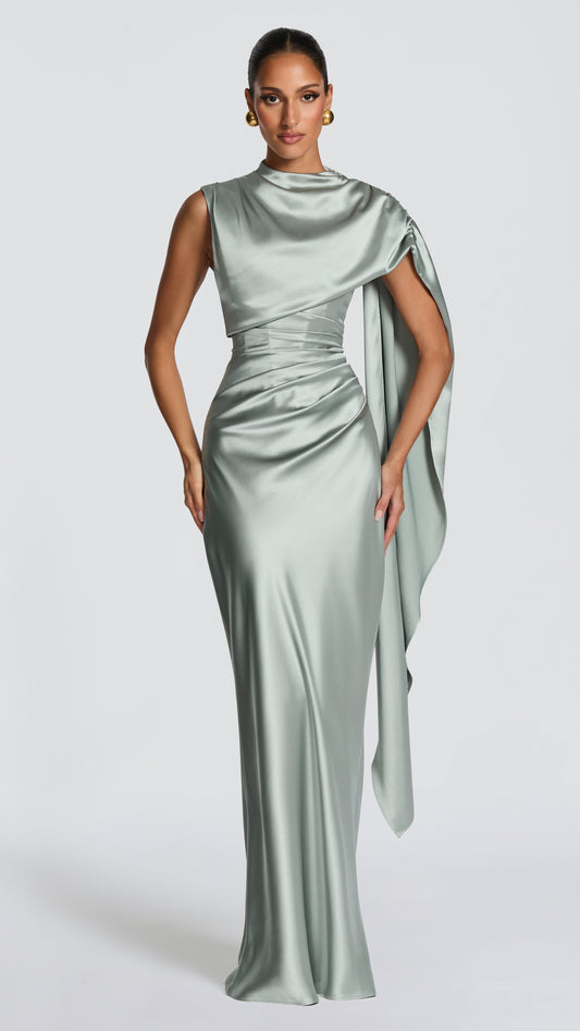 MAISON AVELORE AVENDRA — Robe Longue en Satin Drapé (Sauge)