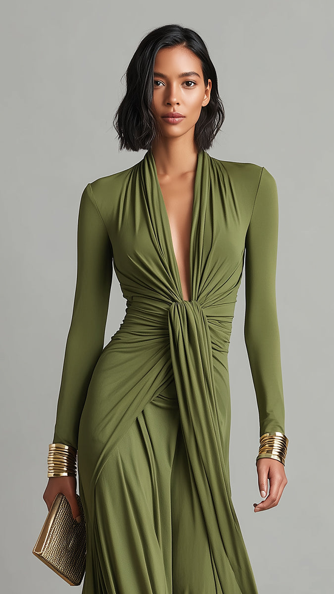 Robe Maxi Glamour Vert Olive en Soie Extensible à Col en V Profond et Détails Froncés