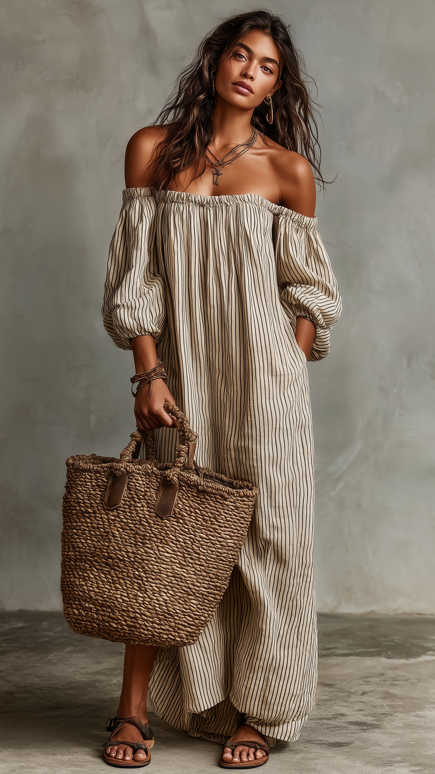 Carmen | Longue Robe en Coton et Lin à Épaules Dénudées