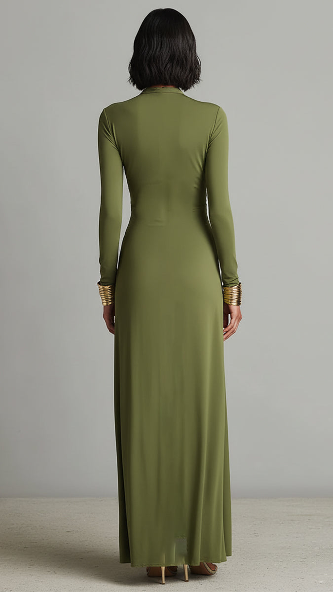 Robe Maxi Glamour Vert Olive en Soie Extensible à Col en V Profond et Détails Froncés