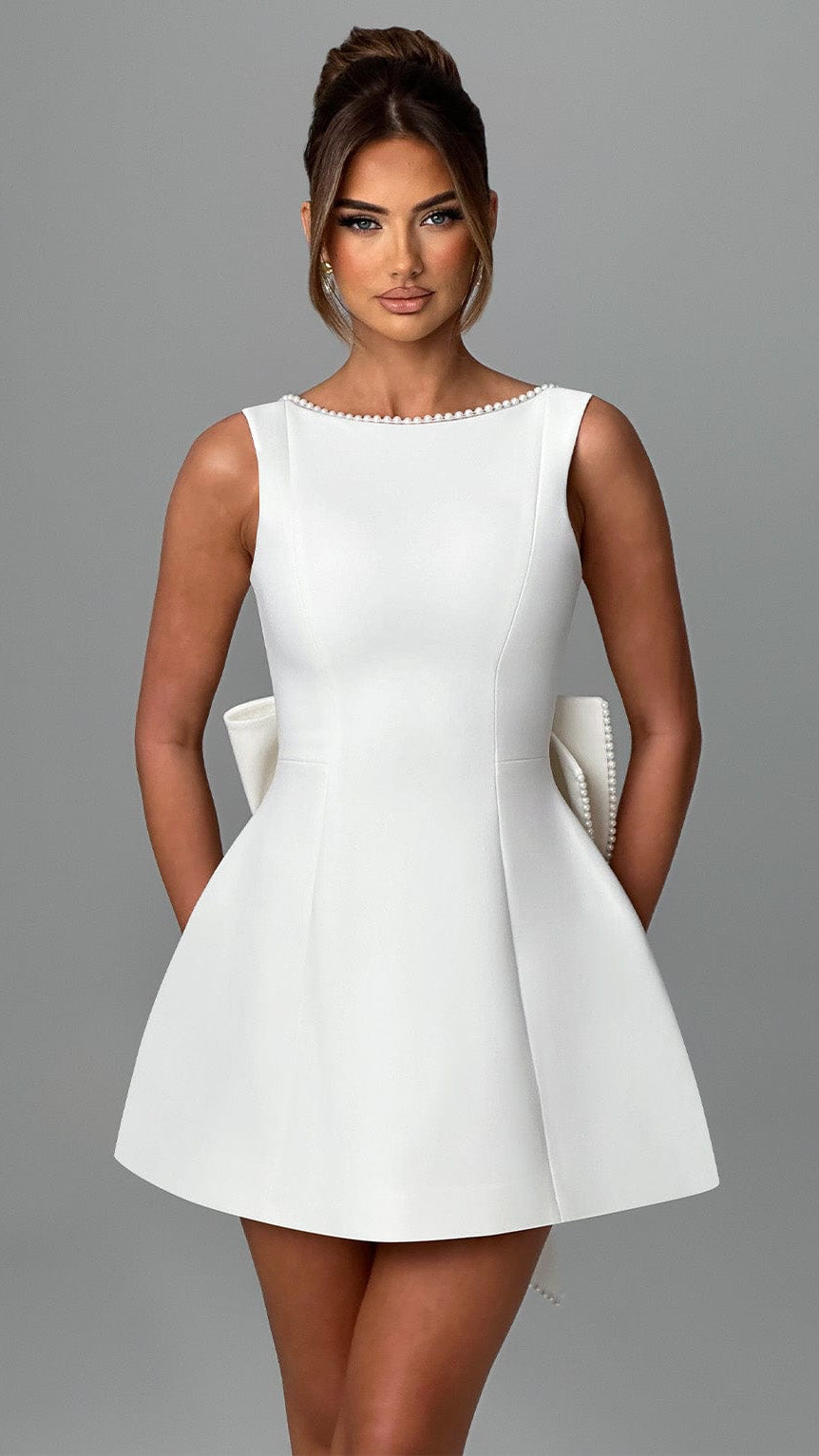 MAISON AVELORE CARRIE ICON — Mini Robe Nœud Perle (Blanc)