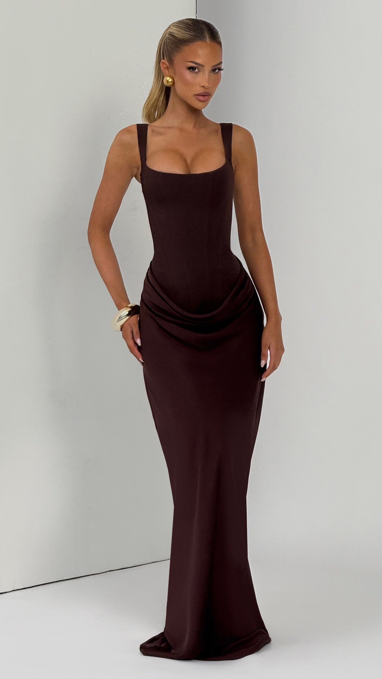 MAISON AVELORE CORNELIA — Drapé Robe Longue Corset (Prune)