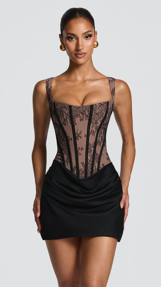 MAISON AVELORE NOIR LACE ICON — Noir Mini Robe Corset en Dentelle