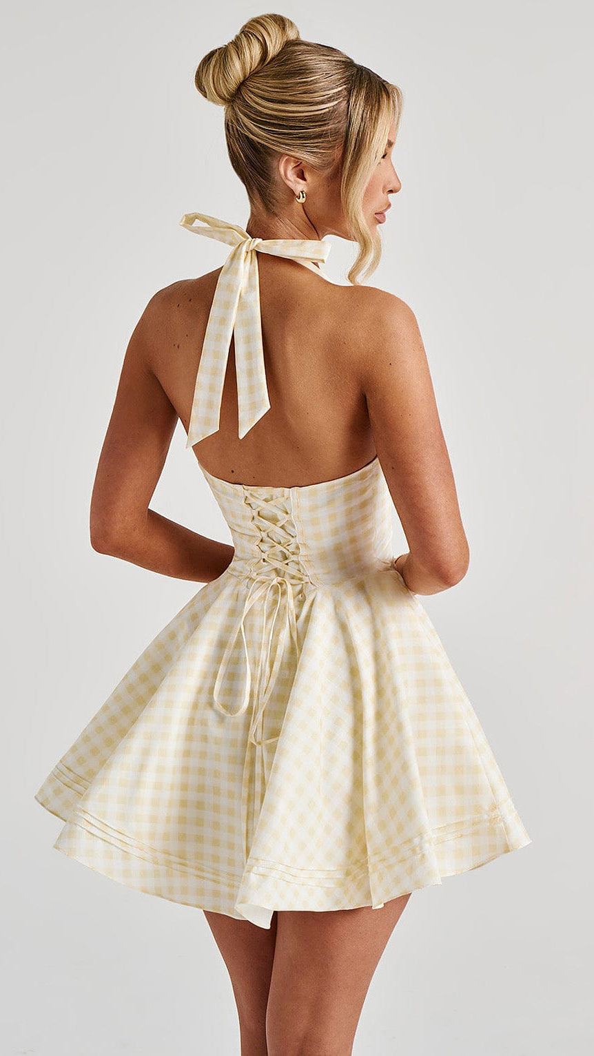 MAISON AVELORE LEMON GARDEN — Citron Gingham Mini Robe Licou
