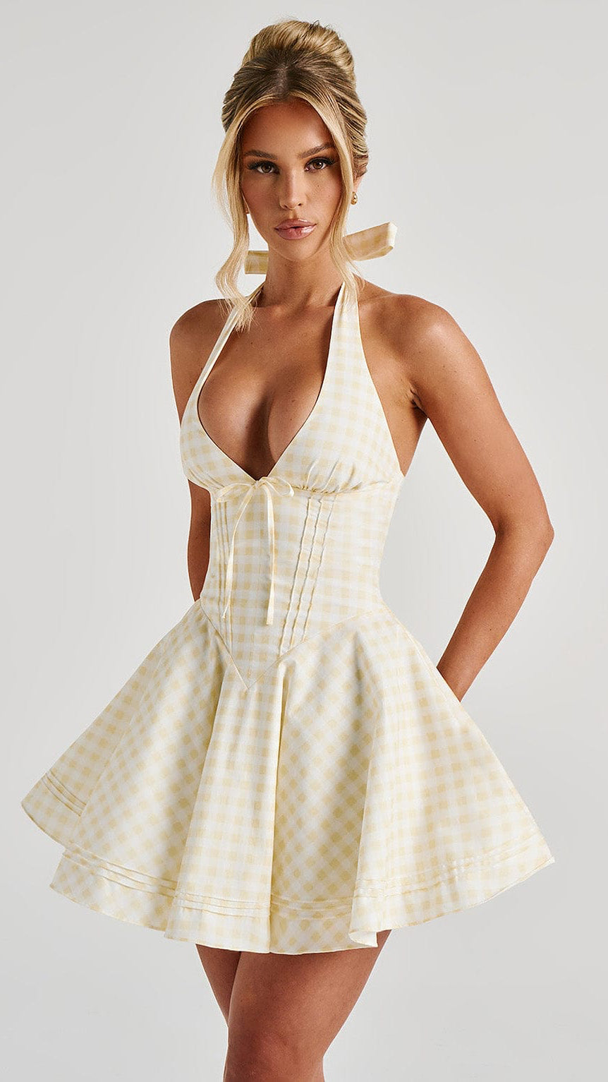 MAISON AVELORE LEMON GARDEN — Citron Gingham Mini Robe Licou