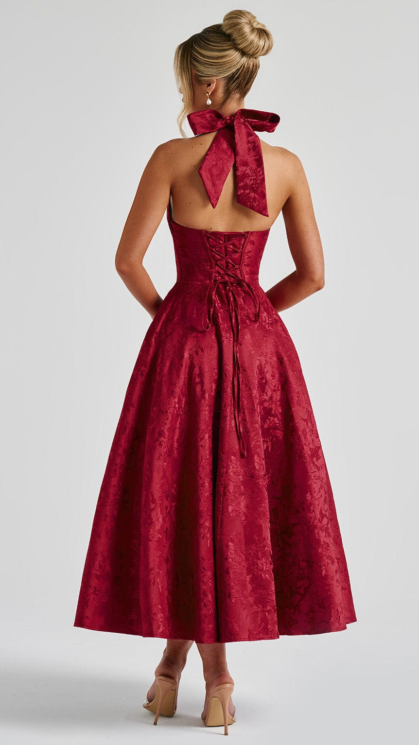 MAISON AVELORE EFFIE — Florale Jacquard Robe Midi Licou (Rouge)