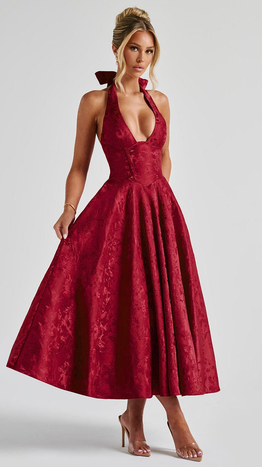 MAISON AVELORE EFFIE — Florale Jacquard Robe Midi Licou (Rouge)