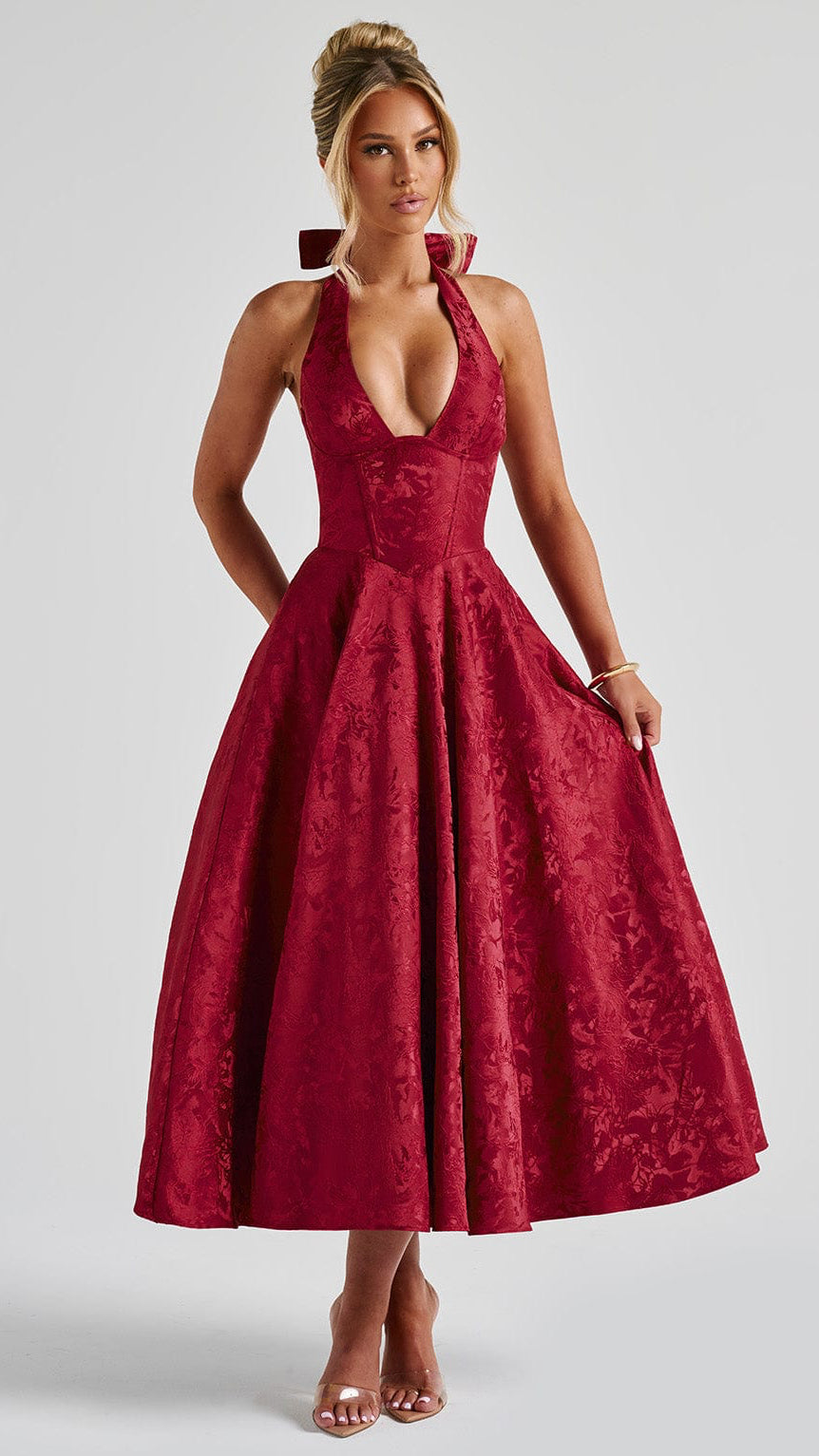 MAISON AVELORE EFFIE — Florale Jacquard Robe Midi Licou (Rouge)