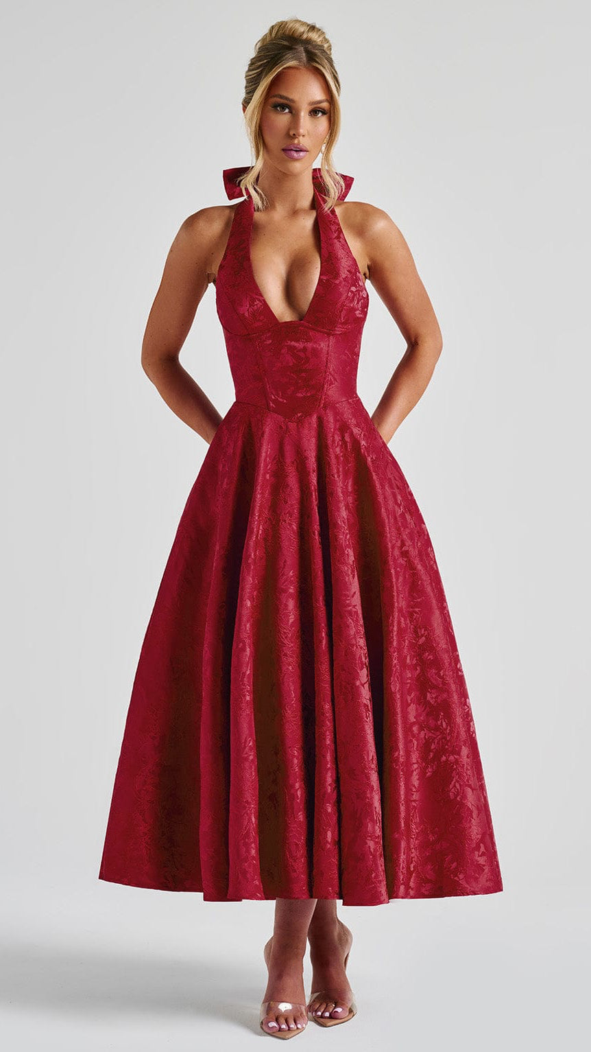 MAISON AVELORE EFFIE — Florale Jacquard Robe Midi Licou (Rouge)
