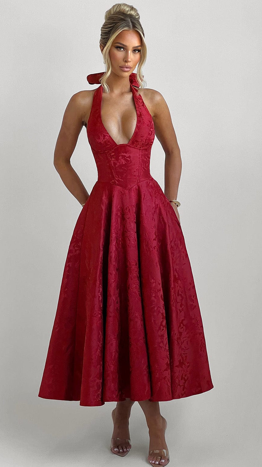 MAISON AVELORE EFFIE — Florale Jacquard Robe Midi Licou (Rouge)