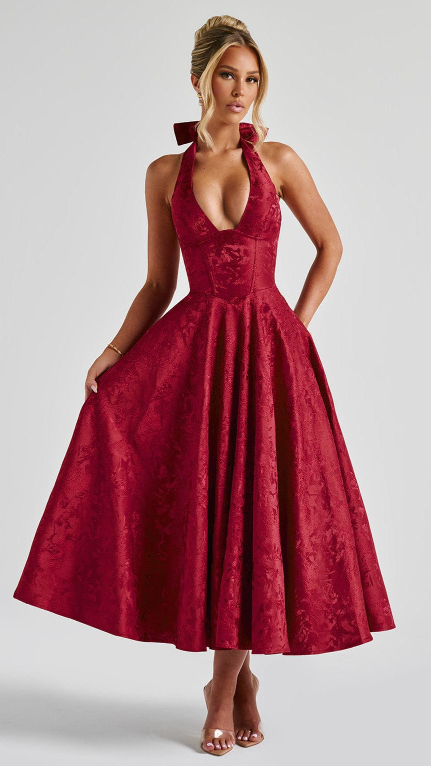 MAISON AVELORE EFFIE — Florale Jacquard Robe Midi Licou (Rouge)