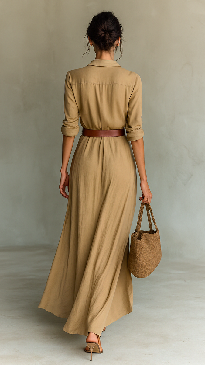 Robe Maxi Longue à Col Revers et Manches Longues pour Femme